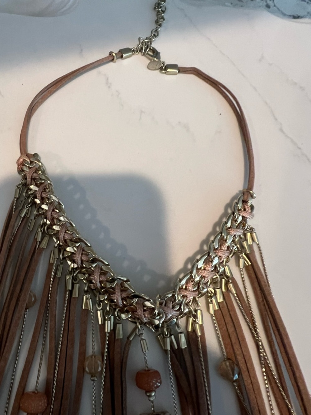 Fringe Suede-Look Statement Necklace in Tan with Mixed Metal Accents - Picture 3 of 3